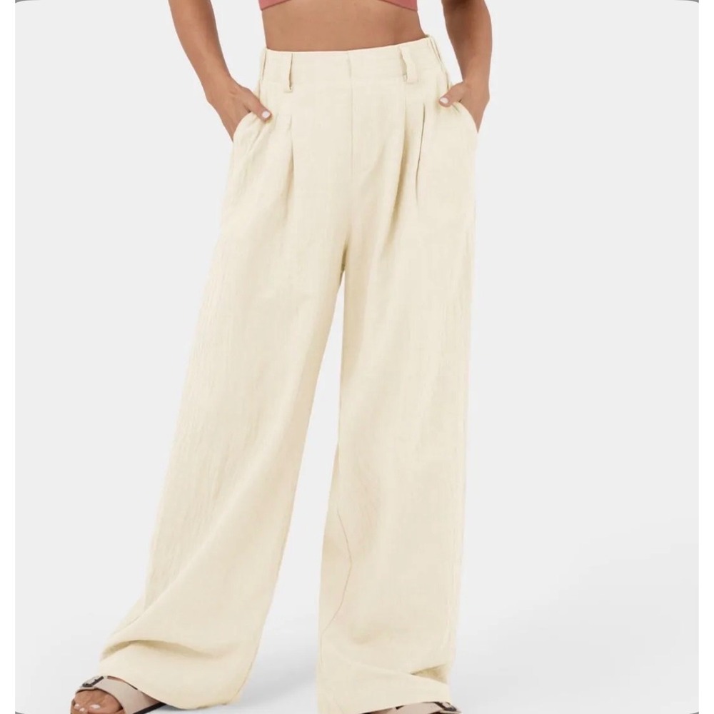 Halara Wide Leg Pants Women S Cream 100% Cotton High Waisted Pleated Pockets
